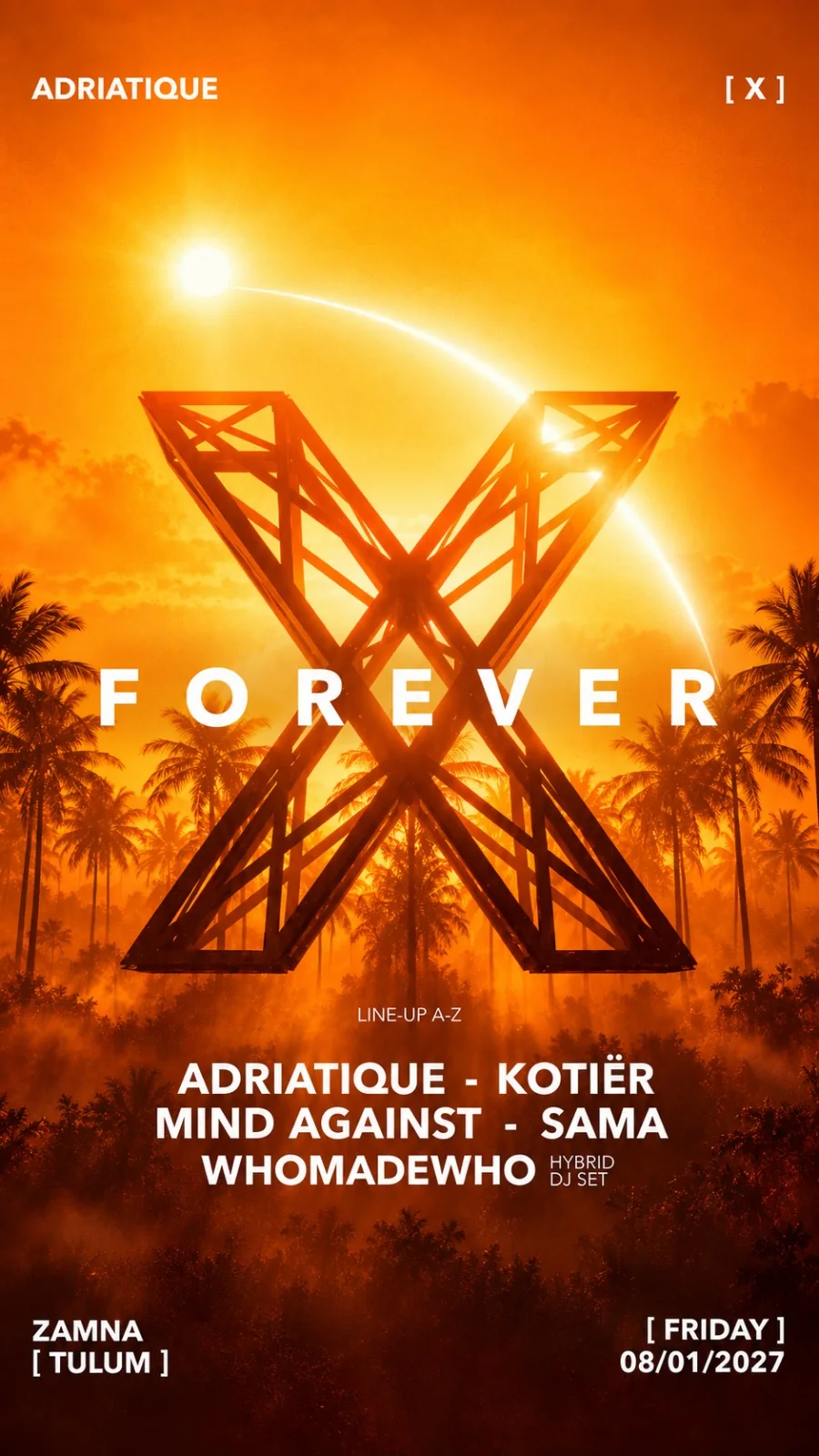 Portrait Adriatique [X] Forever artwork with the monumental X rising above an orange jungle